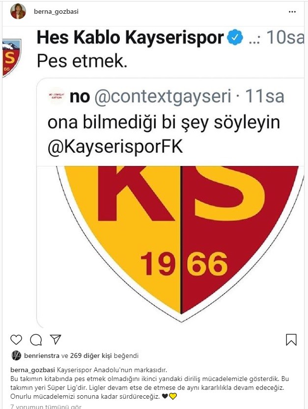Hes Kablo Kayseripor Kulübü Başkanı Gözbaşı: “Bu takımın kitabında pes etmek yok”